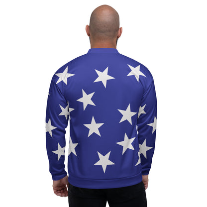Blue bomber jacket with white stars pattern in a retro wrestling cosplay entrance jacket style