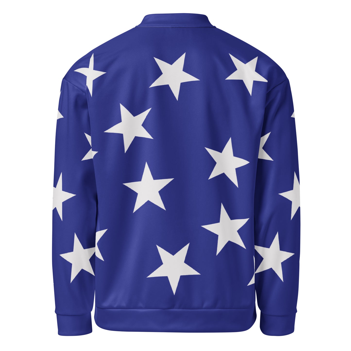 Blue bomber jacket with white stars pattern in a retro wrestling cosplay entrance jacket style
