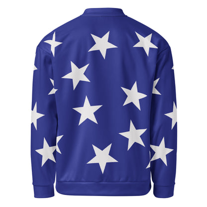 Blue bomber jacket with white stars pattern in a retro wrestling cosplay entrance jacket style