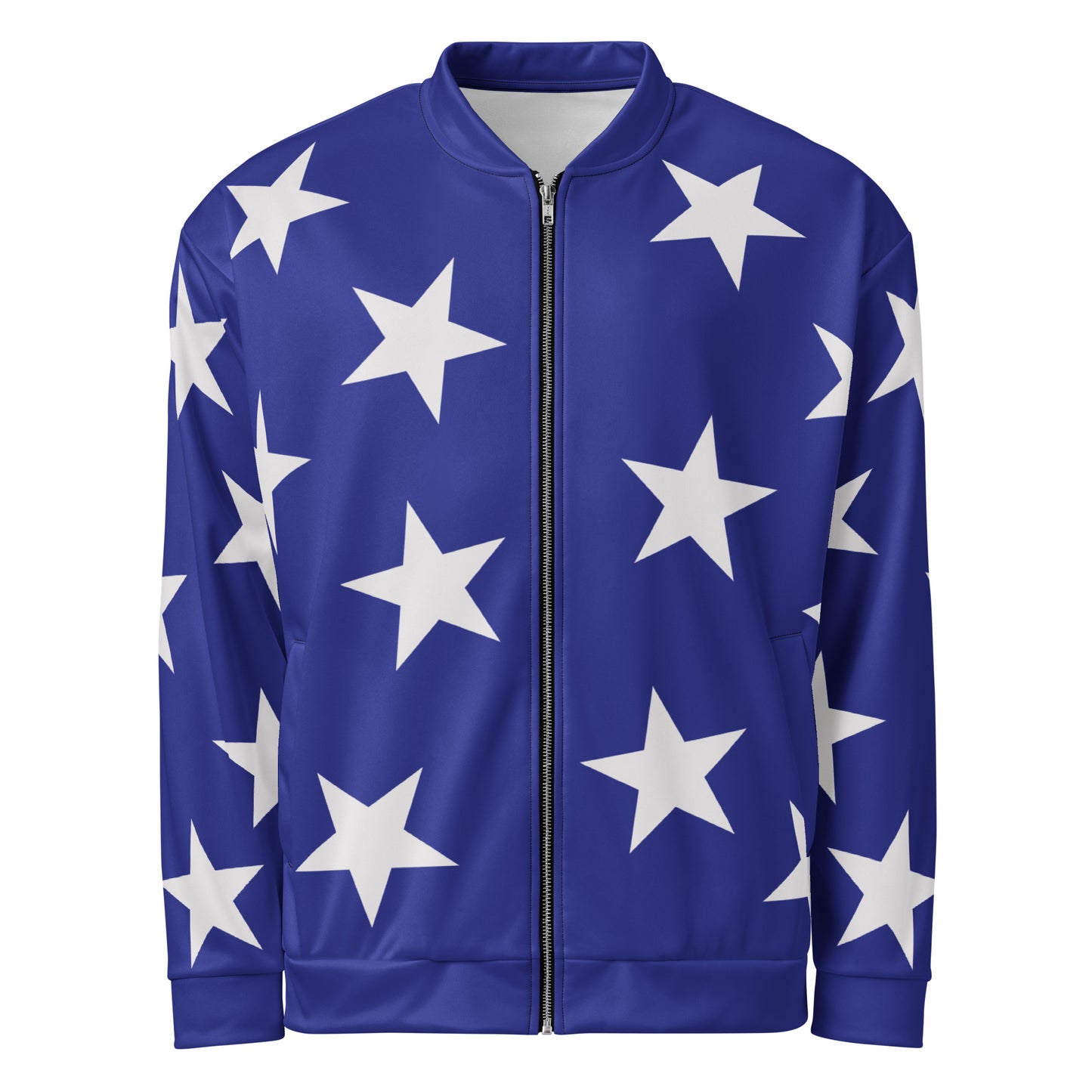Blue bomber jacket with white stars pattern in a retro wrestling cosplay entrance jacket style