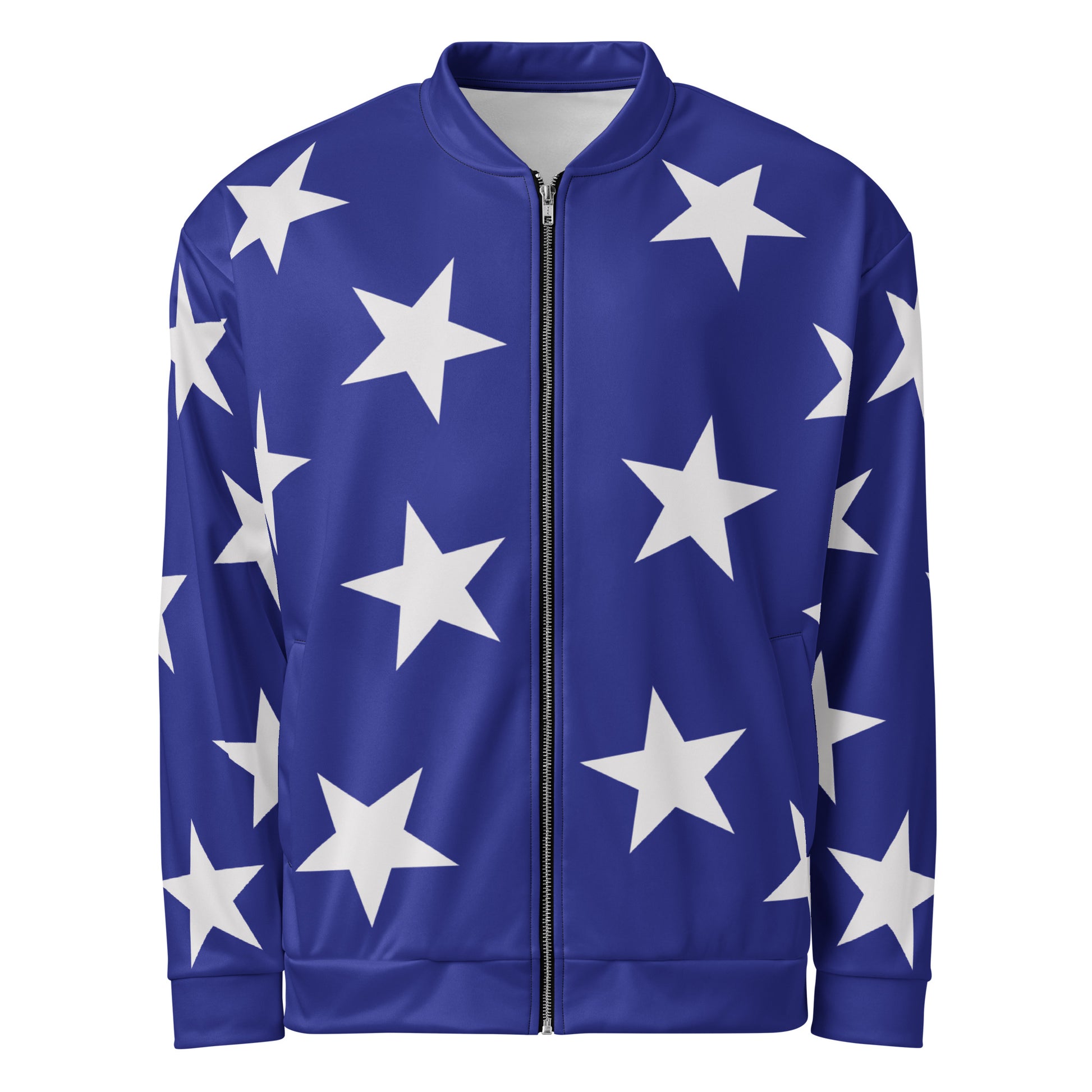 Blue bomber jacket with white stars pattern in a retro wrestling cosplay entrance jacket style