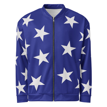 Blue bomber jacket with white stars pattern in a retro wrestling cosplay entrance jacket style