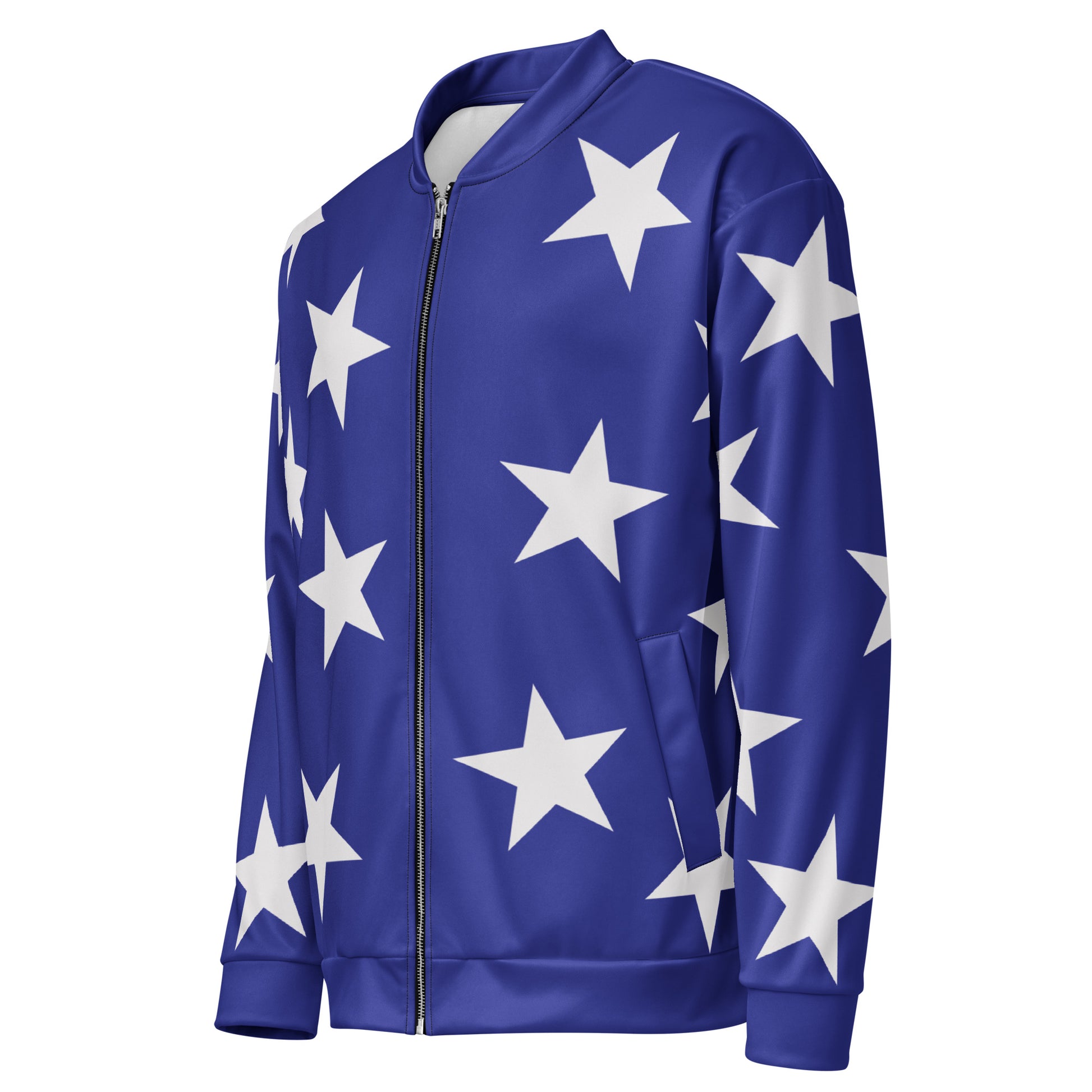 Blue bomber jacket with white stars pattern in a retro wrestling cosplay entrance jacket style
