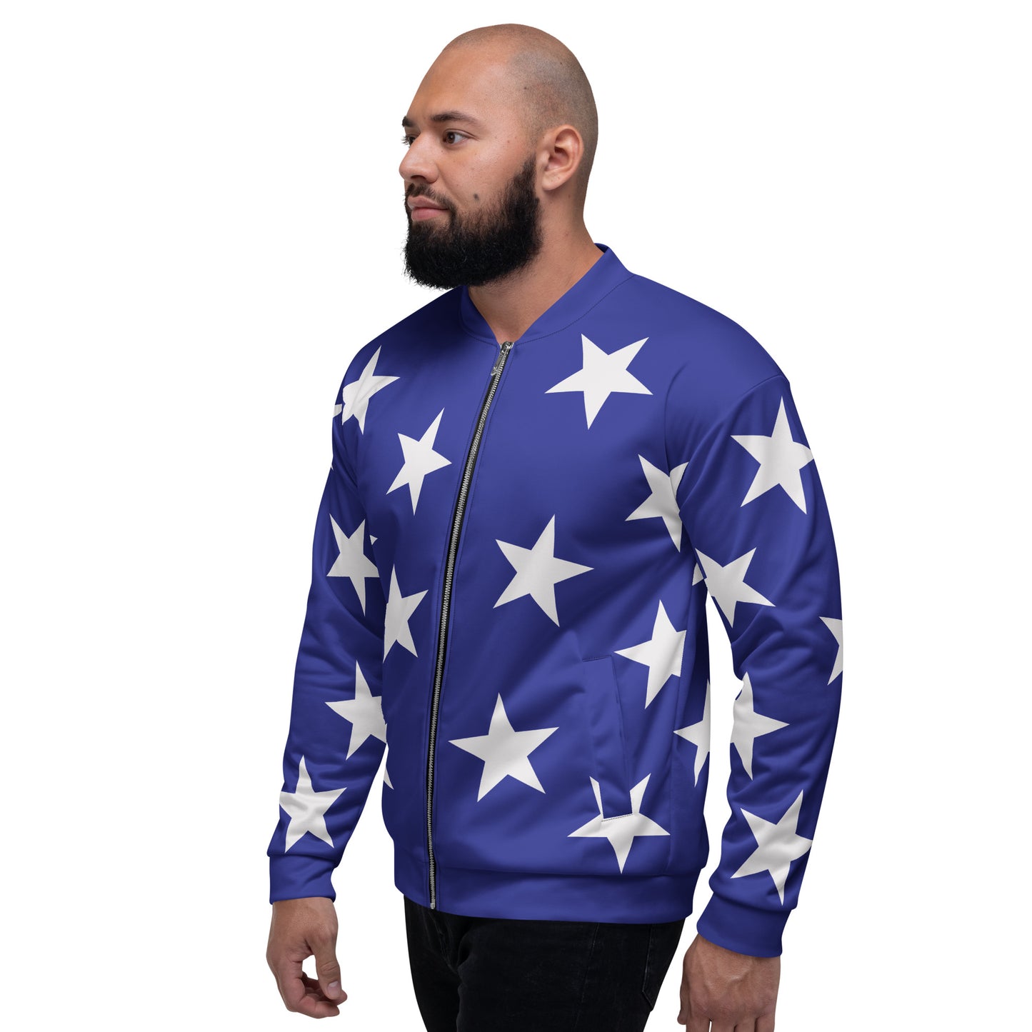 Blue bomber jacket with white stars pattern in a retro wrestling cosplay entrance jacket style
