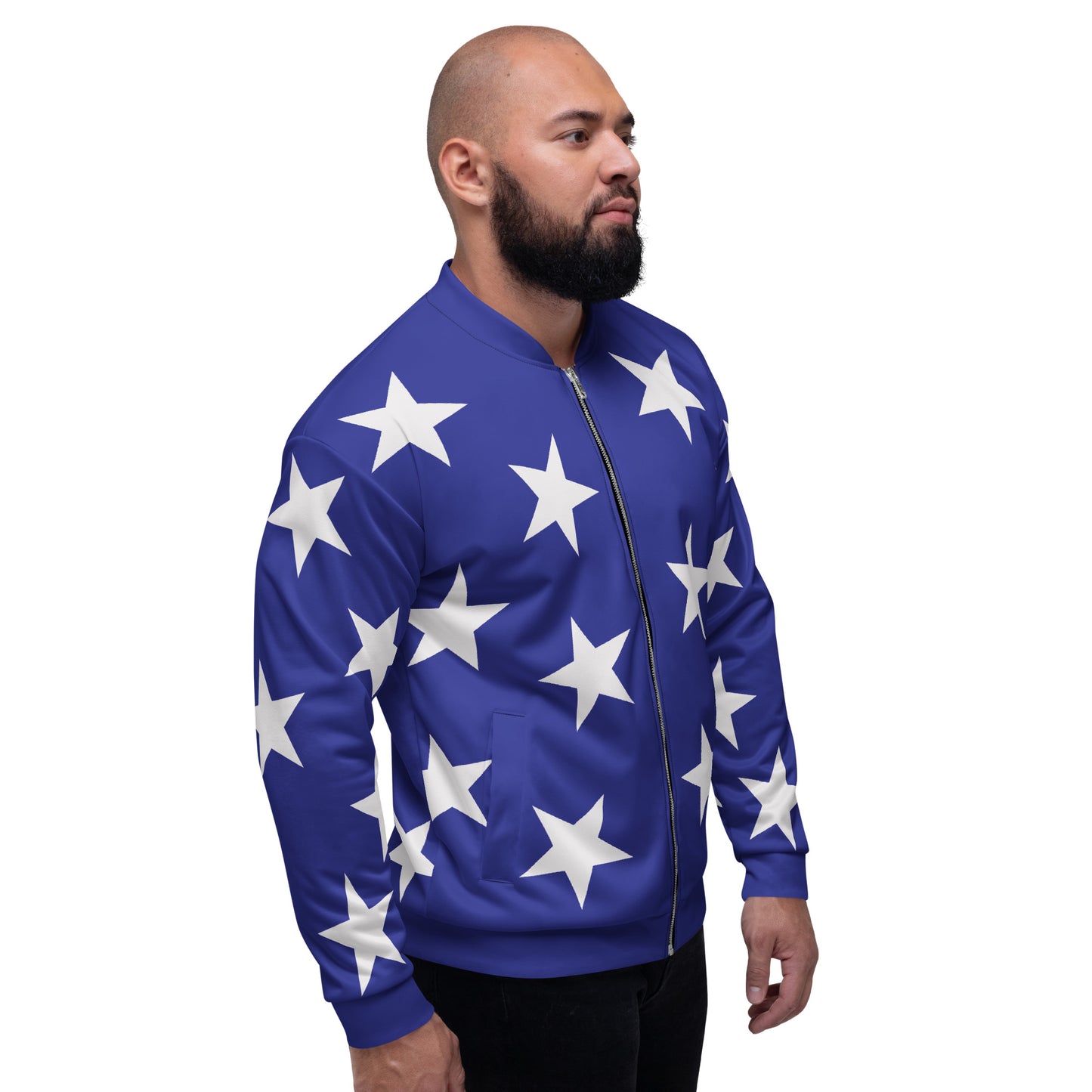 Blue bomber jacket with white stars pattern in a retro wrestling cosplay entrance jacket style