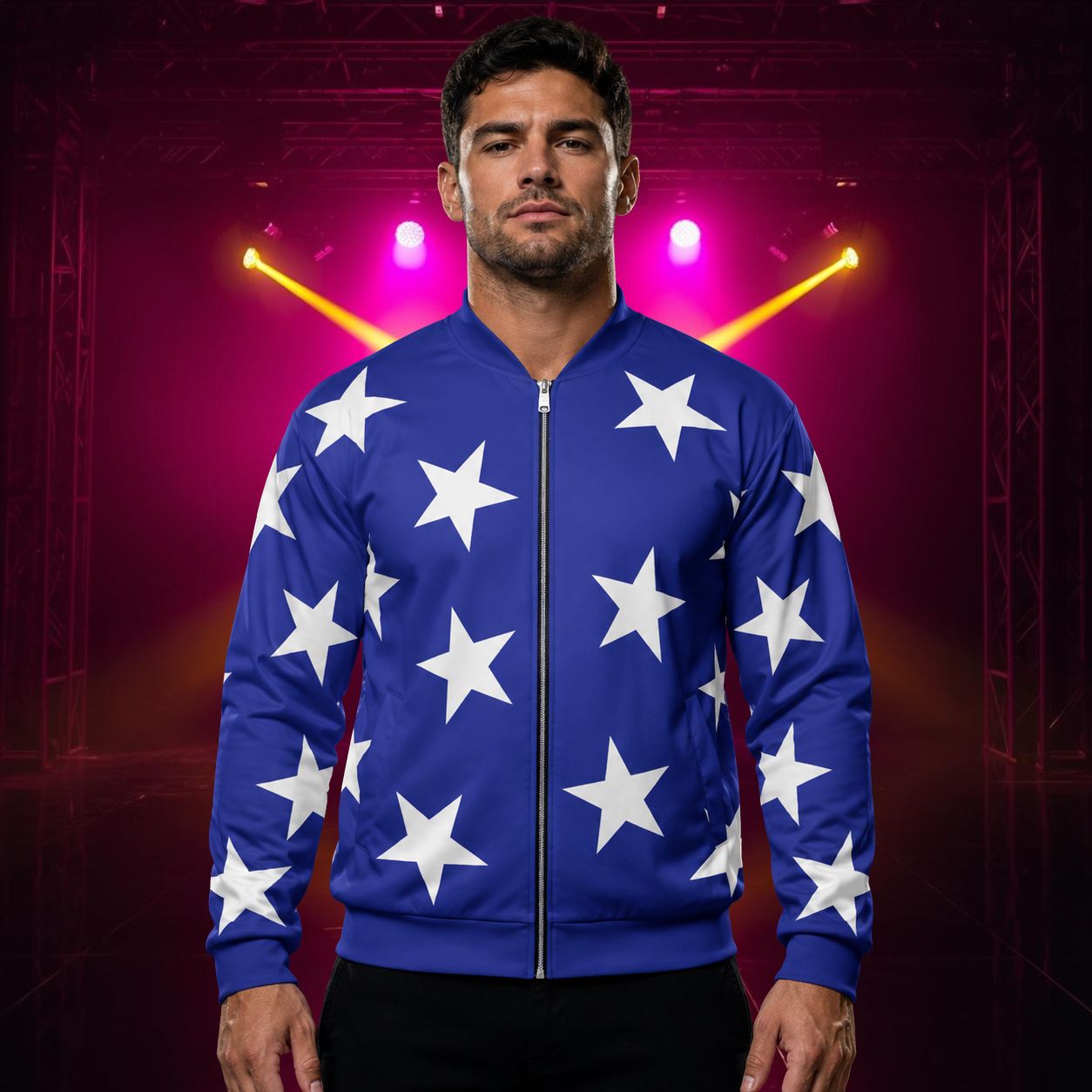 Man wearing blue bomber jacket with white stars pattern in a retro wrestling cosplay entrance jacket style
