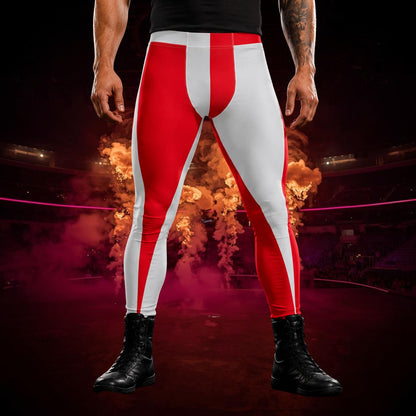 A person wearing red and white striped athletic compression leggings and black boots, standing in a dramatic arena-like setting with smoke and bright pink lighting.