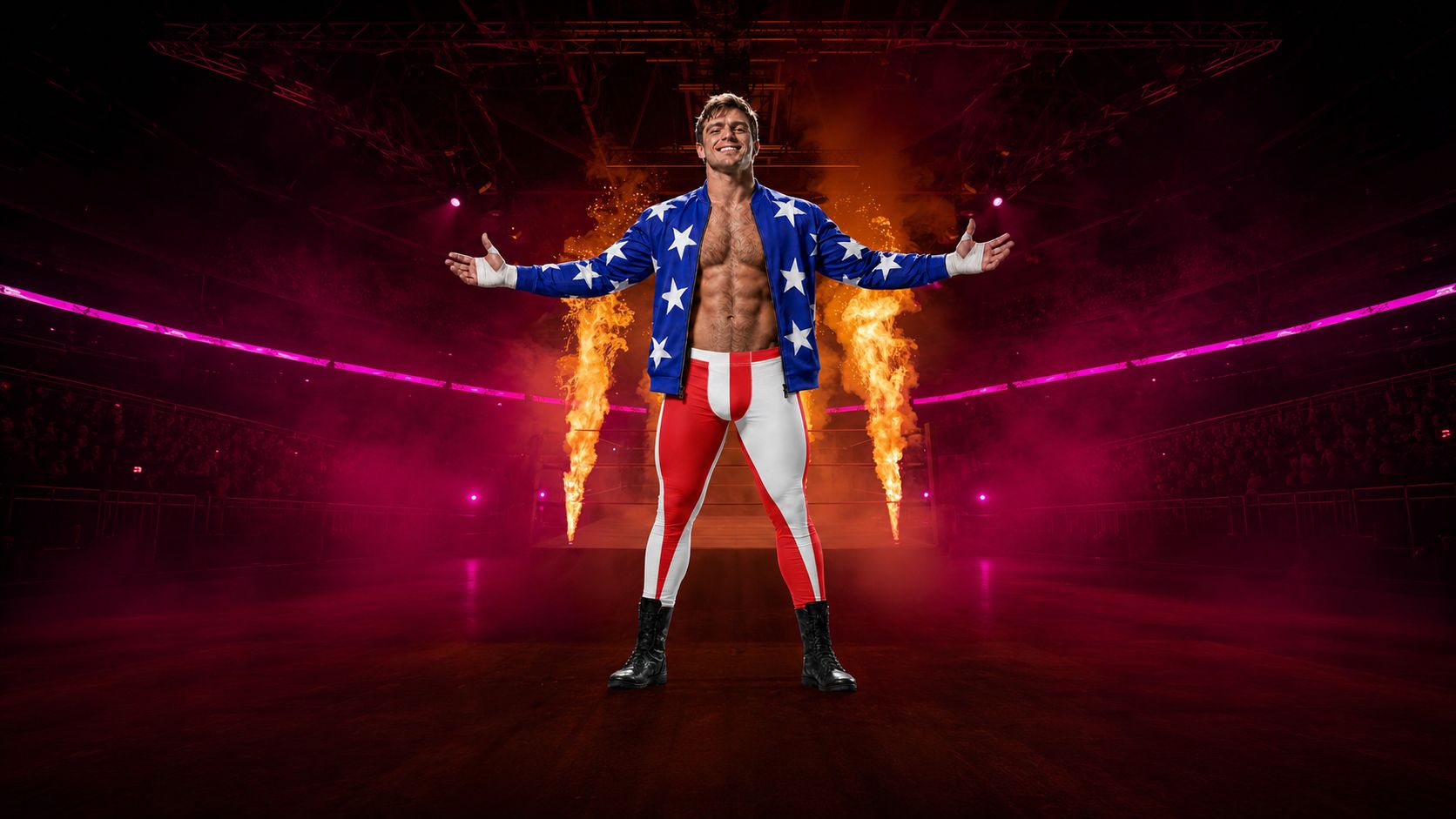 Man wearing American stars and stripes pro wrestling cosplay outfit at an event