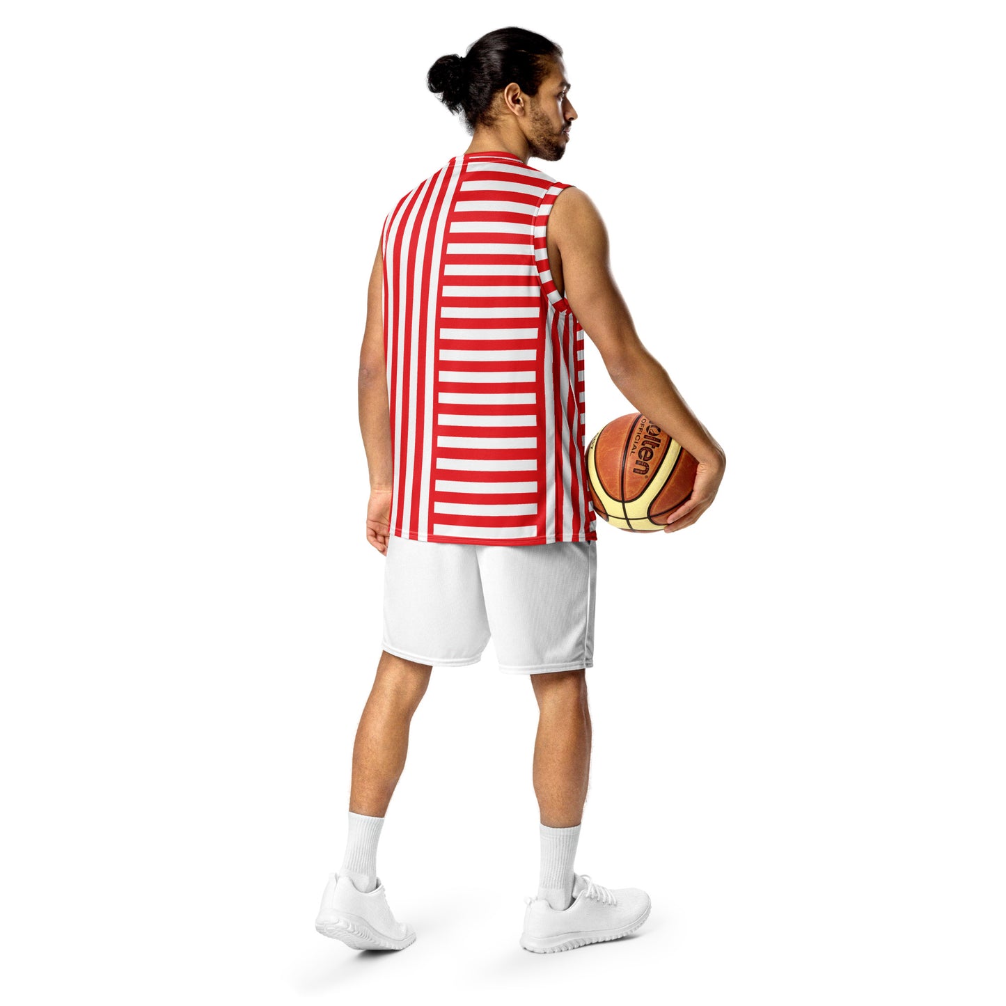 Red and white striped basketball jersey in recycled fabric for pro wrestling cosplayers. Retro style. Cosplay activewear by BillingtonPix.