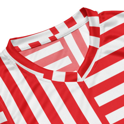 Red and white striped basketball jersey closeup in recycled fabric for pro wrestling cosplayers. Retro style. Cosplay activewear by BillingtonPix.