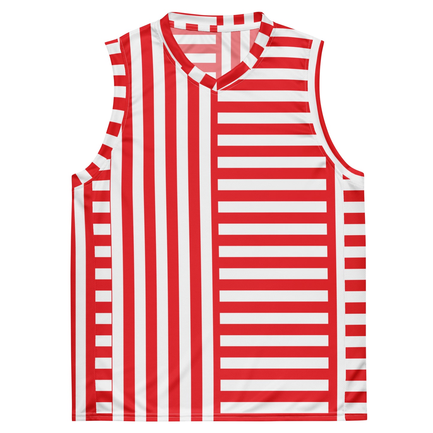 Red and white striped basketball jersey in recycled fabric for pro wrestling cosplayers. Retro style. Cosplay activewear by BillingtonPix.