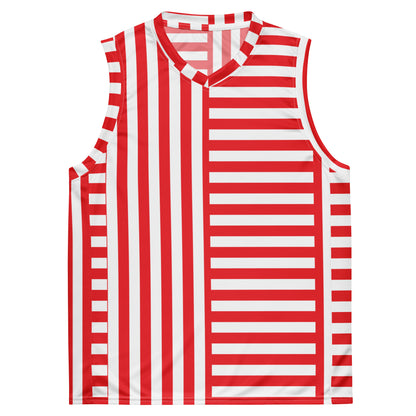 Red and white striped basketball jersey in recycled fabric for pro wrestling cosplayers. Retro style. Cosplay activewear by BillingtonPix.