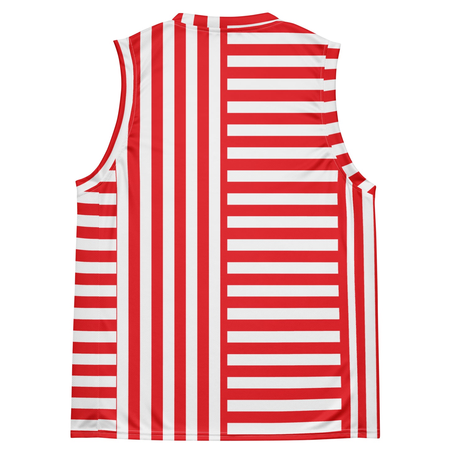Red and white striped basketball jersey in recycled fabric for pro wrestling cosplayers. Retro style. Cosplay activewear by BillingtonPix.