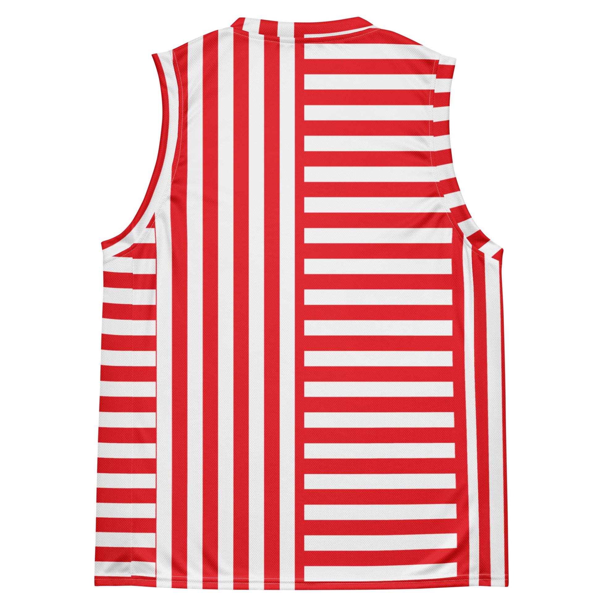 Red and white striped basketball jersey in recycled fabric for pro wrestling cosplayers. Retro style. Cosplay activewear by BillingtonPix.