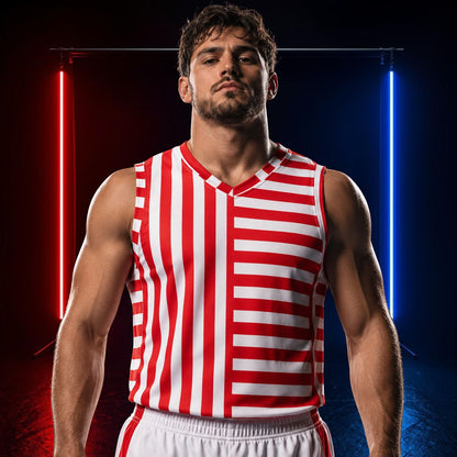 Man wearing a red and white striped basketball jersey against a dark background with neon lights.