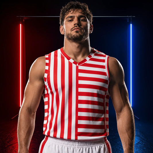 Man wearing a red and white striped basketball jersey against a dark background with neon lights.