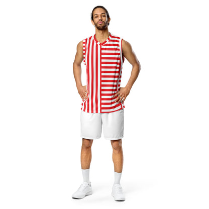 Red and white striped basketball jersey in recycled fabric for pro wrestling cosplayers. Retro style. Cosplay activewear by BillingtonPix.