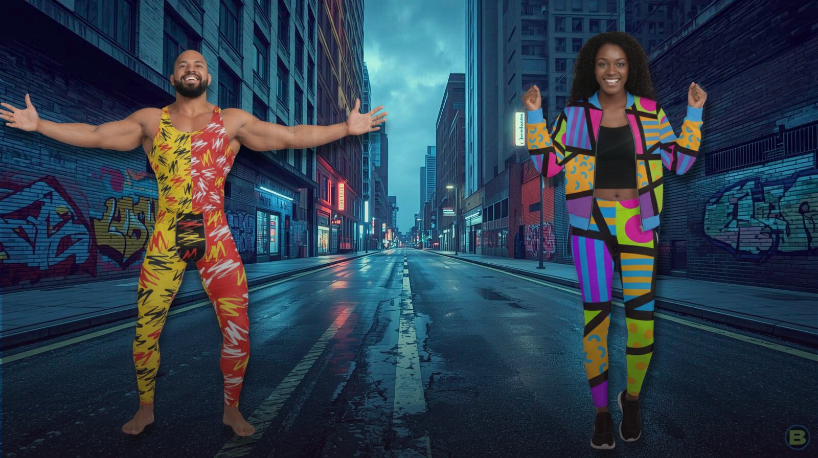 Homepage hero showing bold wrestling-inspired cosplay leggings and activewear in bright graphic colours.