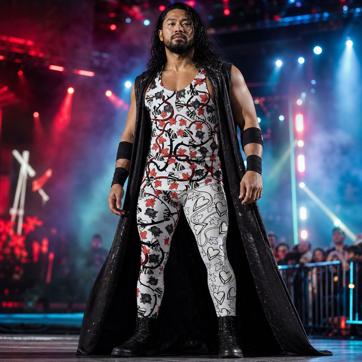 man wearing gothic horror wrestling costume with black roses and broken hearts