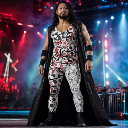 man wearing gothic horror wrestling costume with black roses and broken hearts