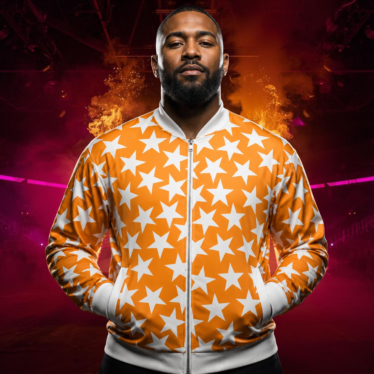 man wearing bomber jacket in orange and white with stars
