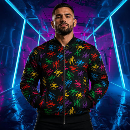 Man wearing a colorful jacket with rainbow zigzags in a futuristic, neon-lit setting