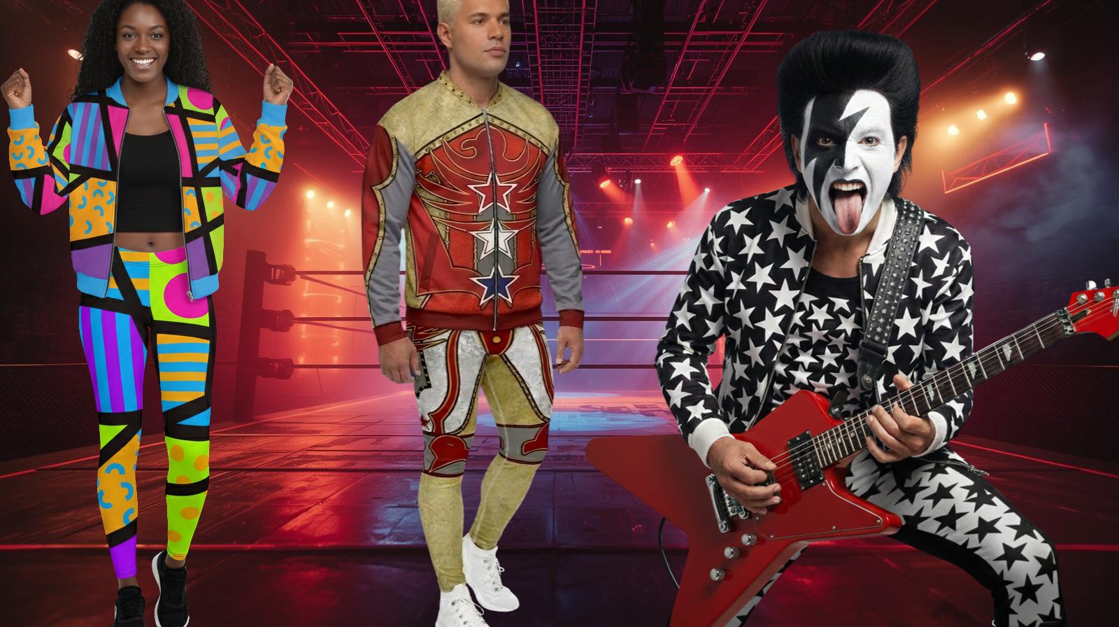 
                Gente en un estadio de lucha libre con chaquetas bomber de cosplay de lucha libre profesional
              