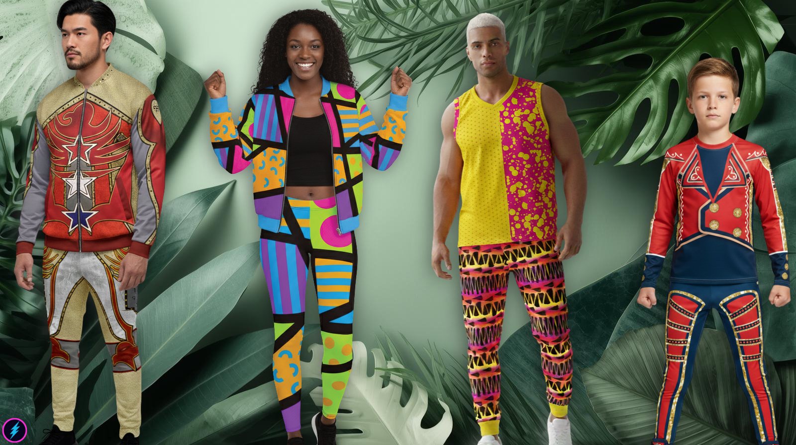 Adults and a child wearing colourful wrestling-inspired cosplay outfits posed against a lush botanical background on a fashion brand homepage.
