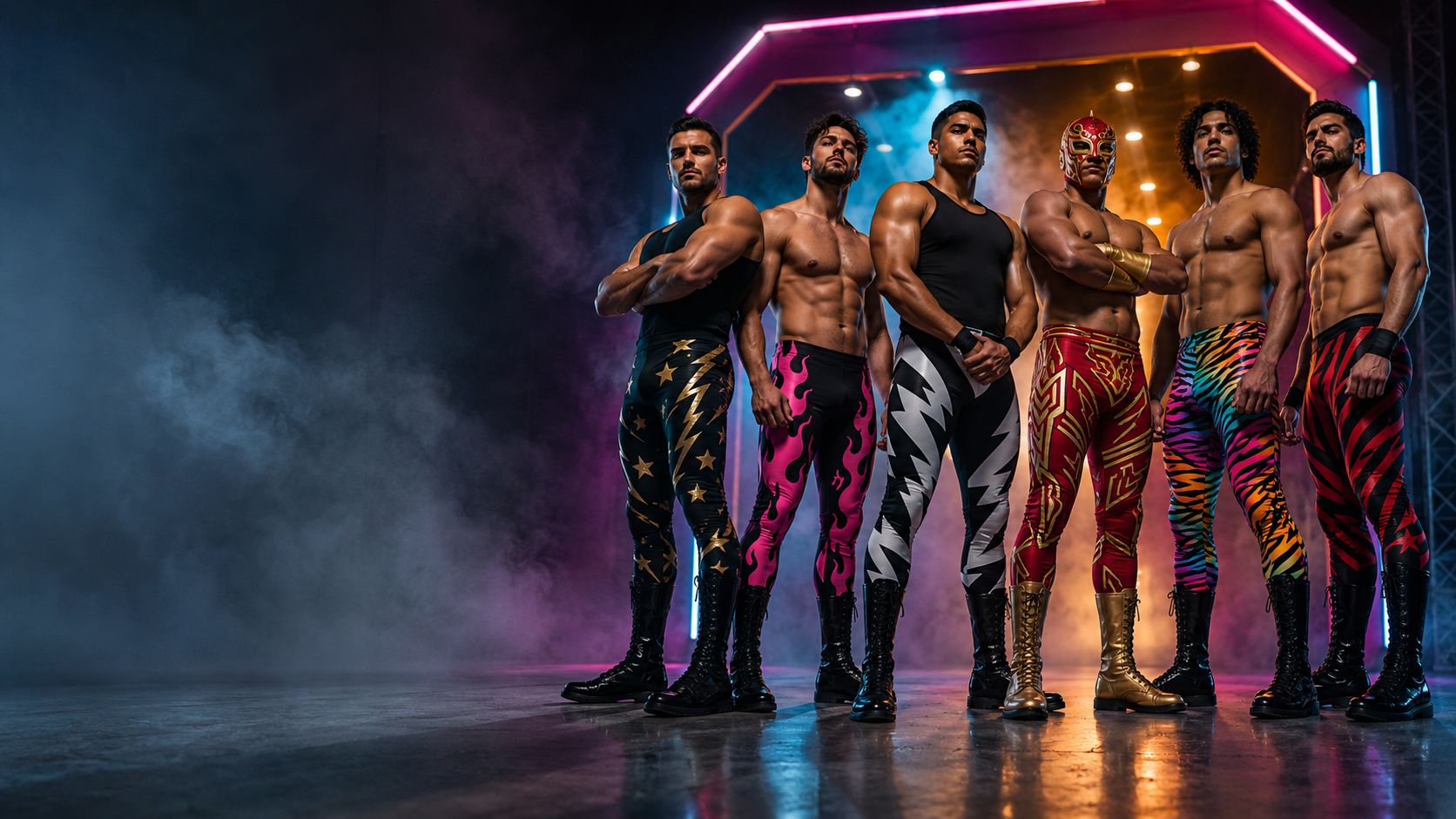 
                Group of men wearing bold wrestling tights in different archetypes, from disruption to retro glam.
              
