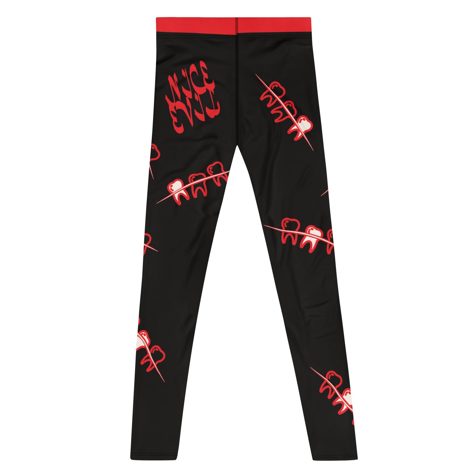 Black men's leggings with red teeth graphic print, back view flat lay - BillingtonPix