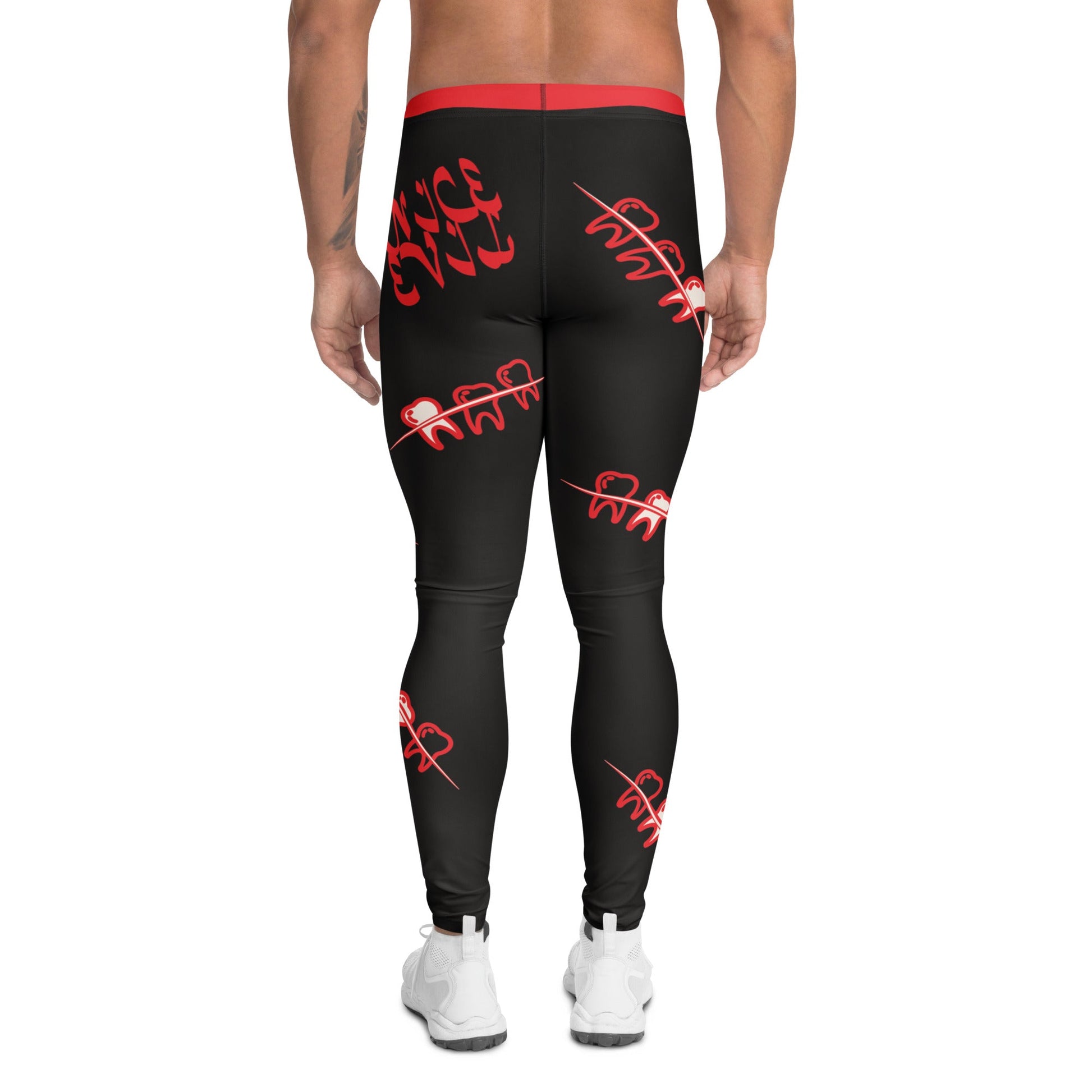 Black men's leggings with red teeth graphic print, back view flat lay - BillingtonPix