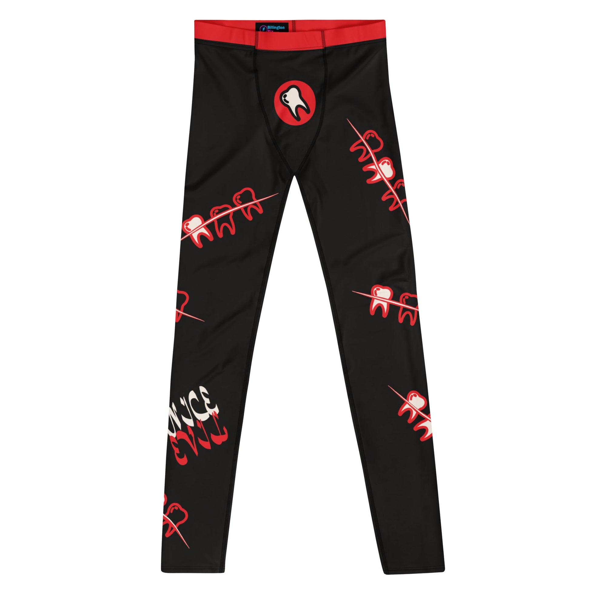 Black men's leggings with red teeth graphic print, front view flat lay - BillingtonPix