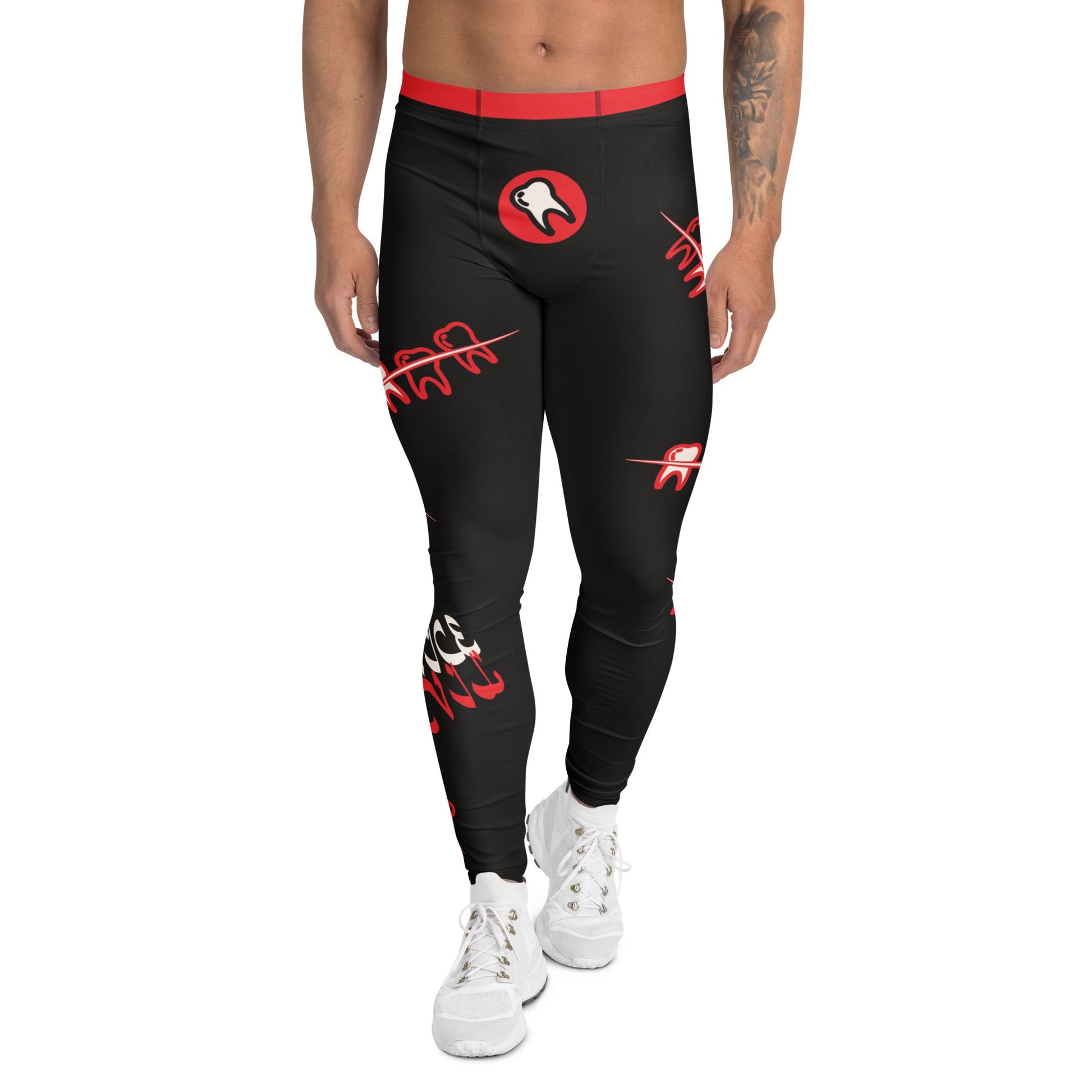 Black men's leggings with red teeth graphic print, front view flat lay - BillingtonPix