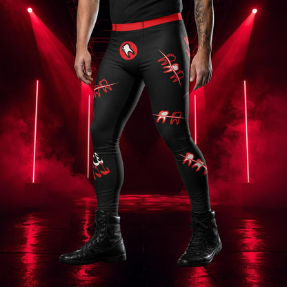 Black cosplay tights with red tooth-and-crack print and red waistband, dramatic red-lit studio shot - BillingtonPix