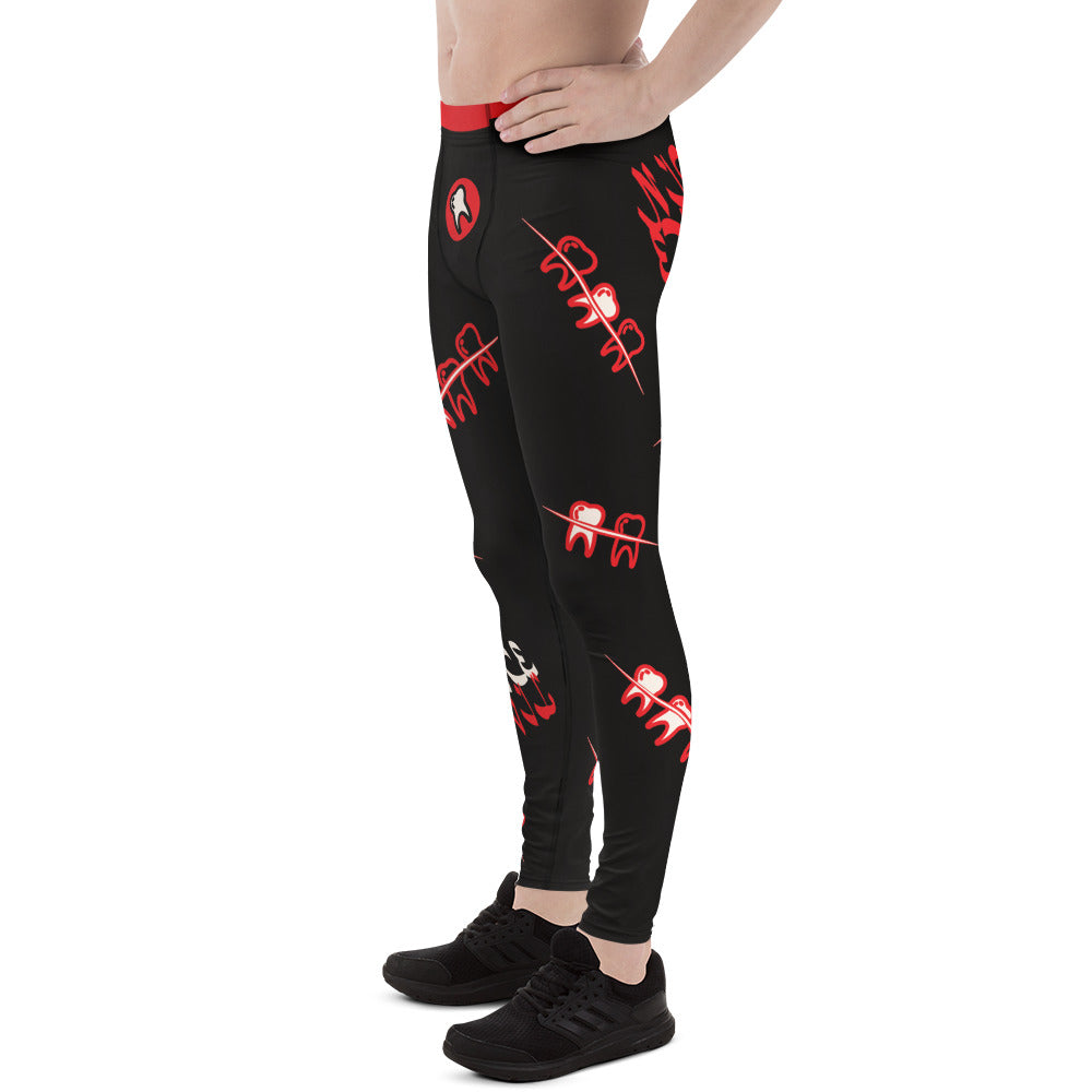 Black men's leggings with red teeth graphic print, left side flat lay - BillingtonPix