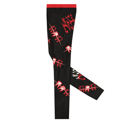 Black men's leggings with red teeth graphic print, left side flat lay - BillingtonPix