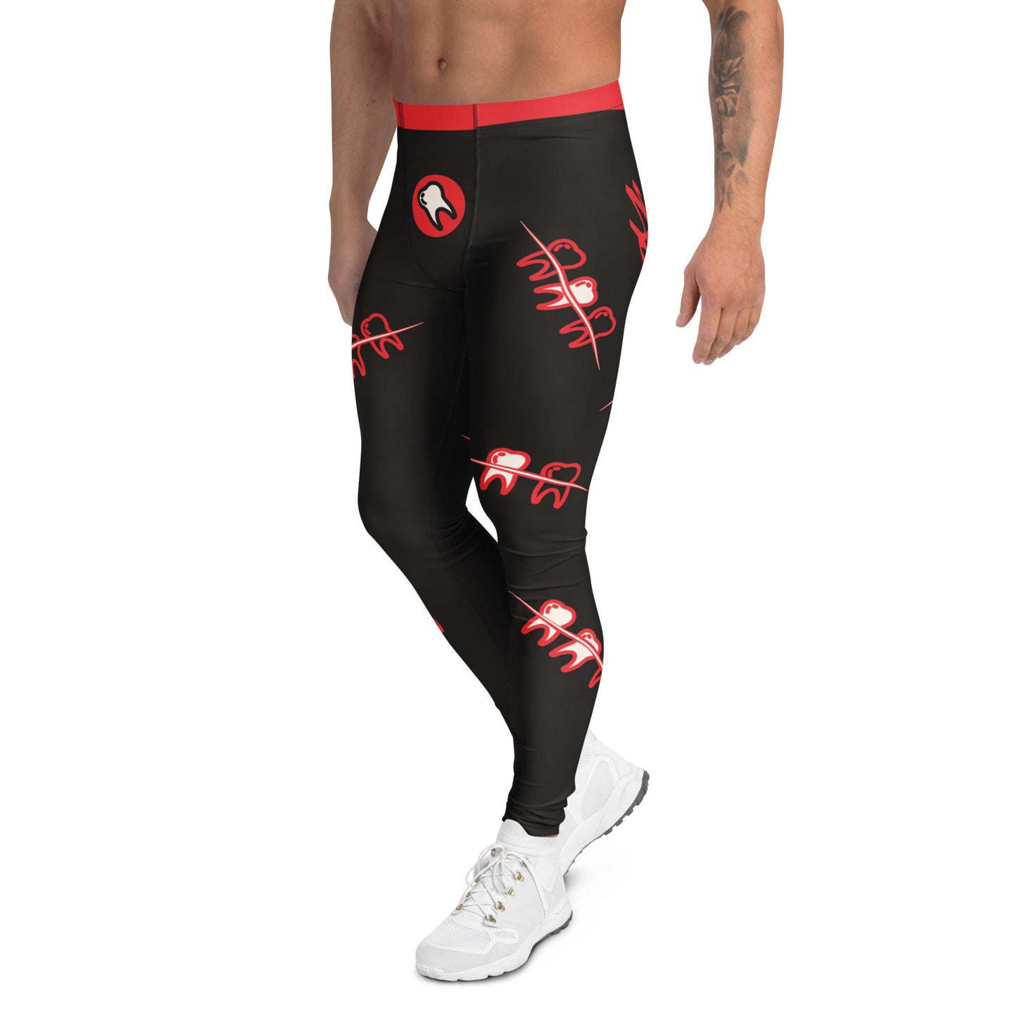Black men's leggings with red teeth graphic print, left side flat lay - BillingtonPix