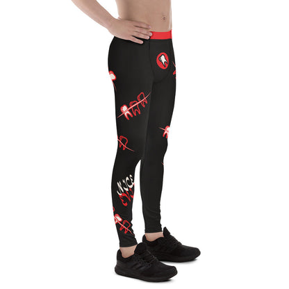 Black men's leggings with red teeth graphic print, right side flat lay - BillingtonPix