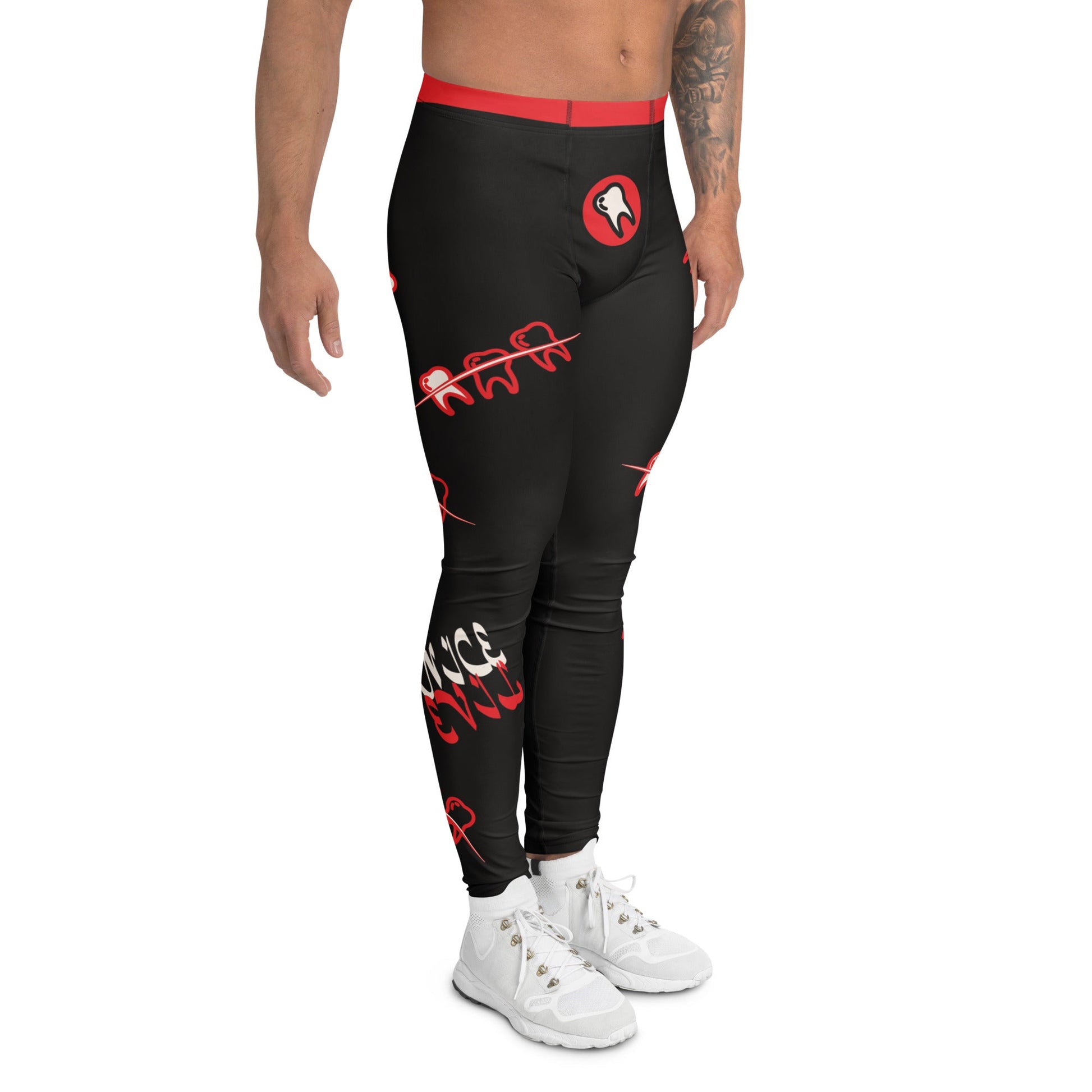 Black men's leggings with red teeth graphic print, right side flat lay - BillingtonPix