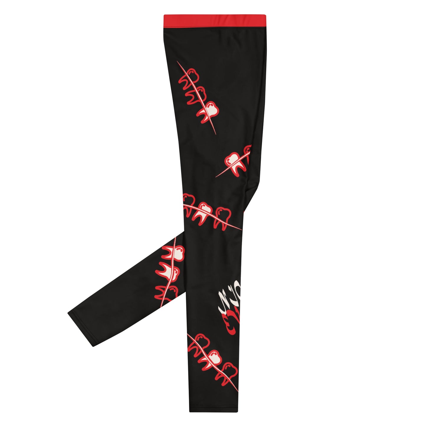 Black men's leggings with red teeth graphic print, right side flat lay - BillingtonPix