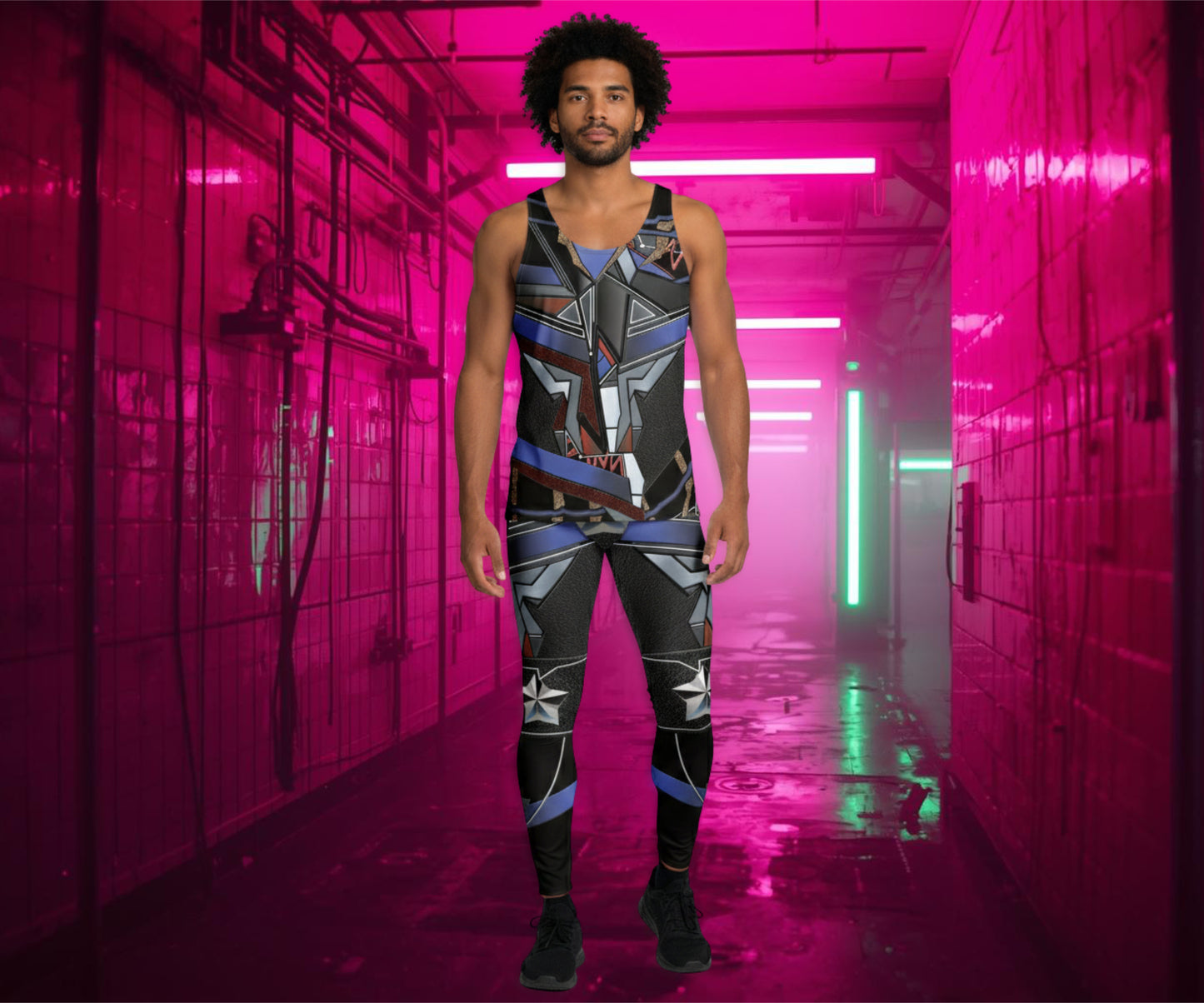 Person wearing a patterned cyberpunk themed outfit standing in a futuristic pink-lit corridor.