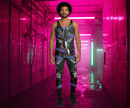 Person wearing a patterned cyberpunk themed outfit standing in a futuristic pink-lit corridor.