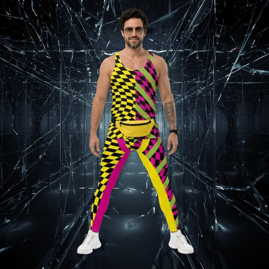 Person wearing a colorful retro checkered outfit on a dark, cracked background