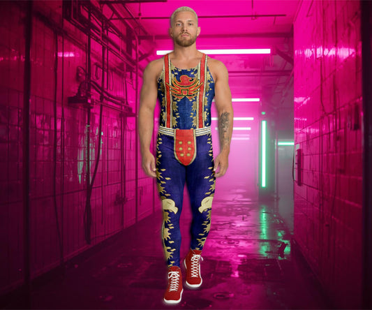 man wearing red, blue and gold pro wrestling cosplay outfit with abstract eagle design on tank top and eagle and flames on the wrestling tights in  cyberpunk pink neon corridor.