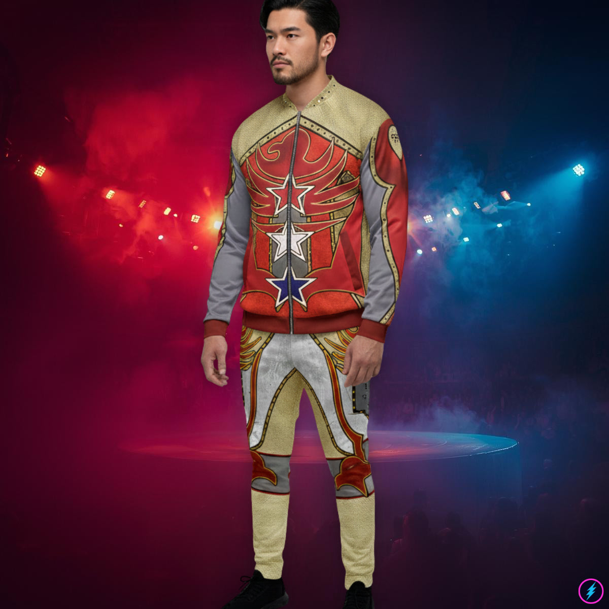 Person wearing a superhero wrestling costume with red, beige, and blue design on a dark background with lights.