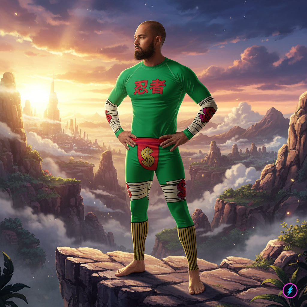 Man in a green superhero costume with 'Ninja' text standing on a rocky outcrop with a fantasy landscape in the background.