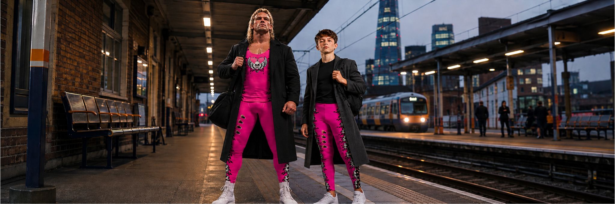 Parent and child standing at a train station on their way to a cosplay event whilst wearing matching pink wrestling cosplay outfits