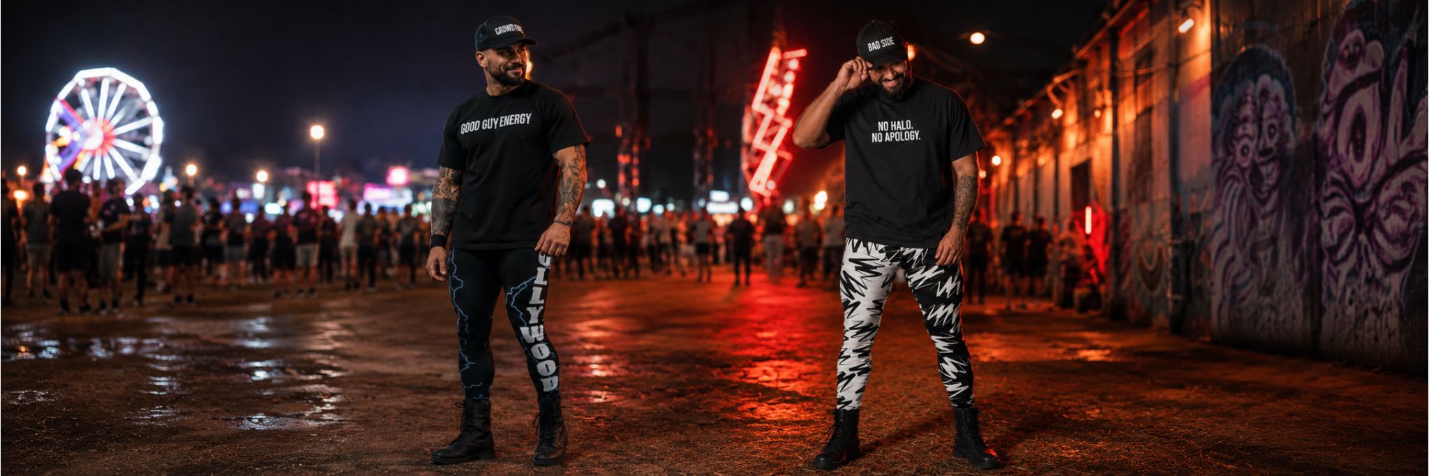 Two dads at a festival wearing father's day gifts as a Babyface and Heel matching duo.