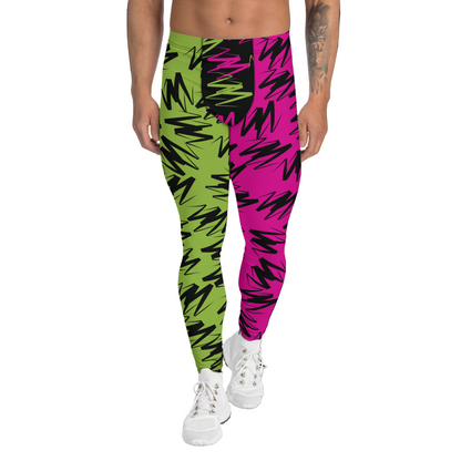 mens zigzag patterned leggings in pink green and black. Festival meggings for men.