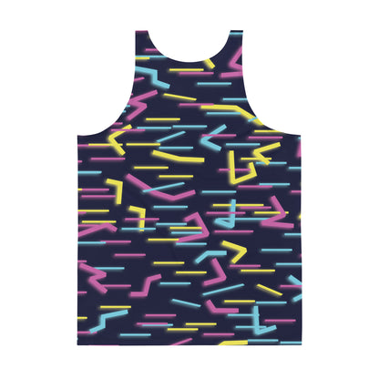 Close-up of Wildbyte cyber glitch graphics on men’s athletic tank top.